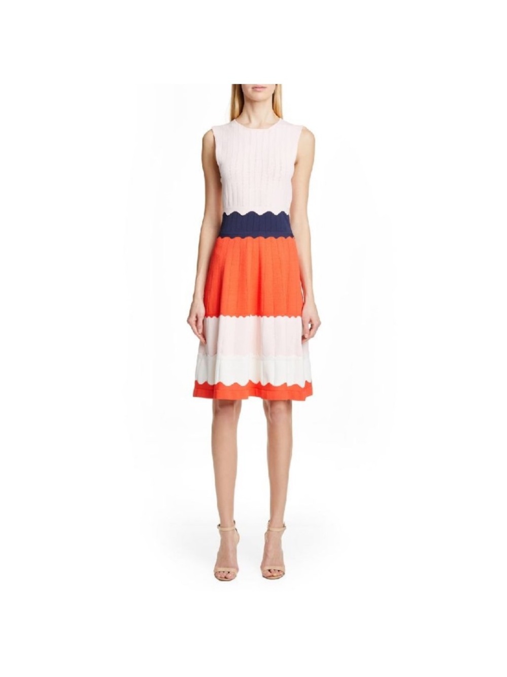Lela Rose Sleeveless Colorblock Chic Dress scallop accents pink white navy